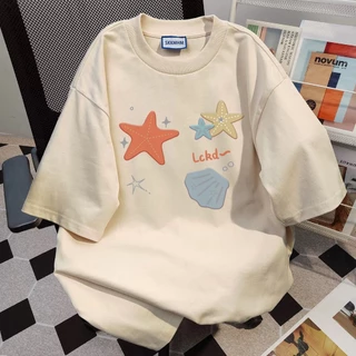 Basi💥 ผู้หญิง เสื้อยืด oversize เกรดพรีเมียม เสื้อคอตตอน100% ไม่หดตัว ใส่สบาย การ์ตูนน่ารัก ลาย "Starfish shell"