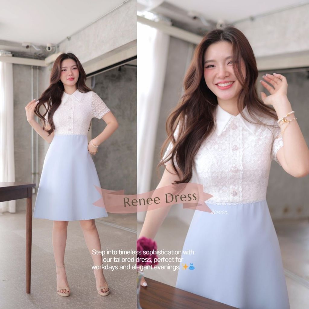 Romi"Oil" Renee Dress  J507 ชุดเดรสสีฟ้า (เสื้อลูกไม้ขาวแต่งกระดุม)