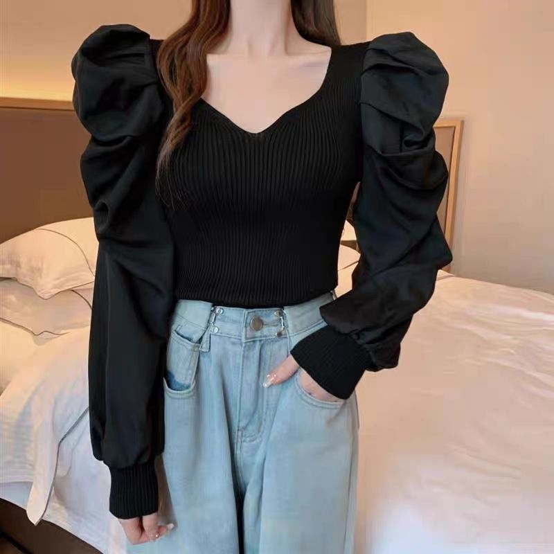 diary(5786)เสื้อเชิ้ตเสื้อยืดคอวี แขนยาว แขนตุ๊กตา รัดรูป รูปที่ 2