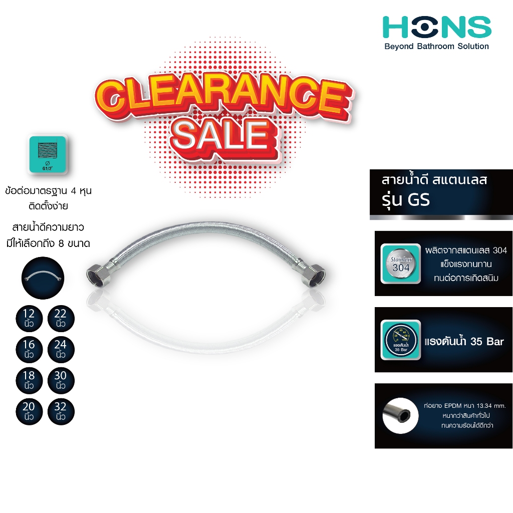 Clearance ถูกที่สุด สายน้ำดี สแตนเลส รุ่น GS 12-32 นิ้ว (12,16,18,20,22,24,30,32) แพ็คเกจ ซิปล็อค ทนแรงดันน้ำสูง SUS304