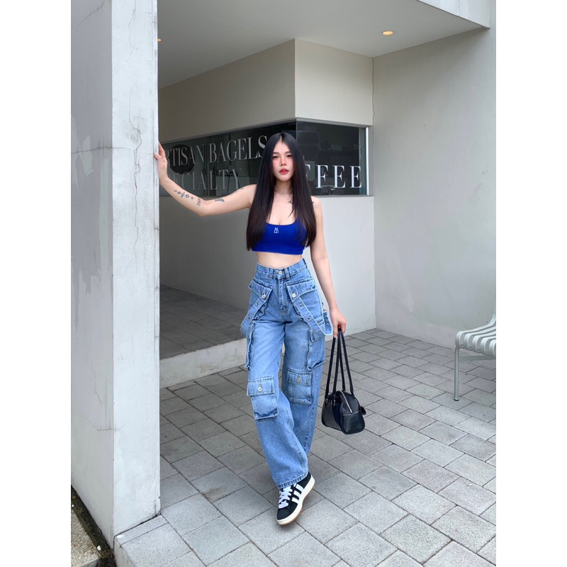 Bosdy Jeans รหัส BJ009 กางเกงยีนส์คาร์โก้ขากระบอกสี บลู ผ้าไม่ยืด