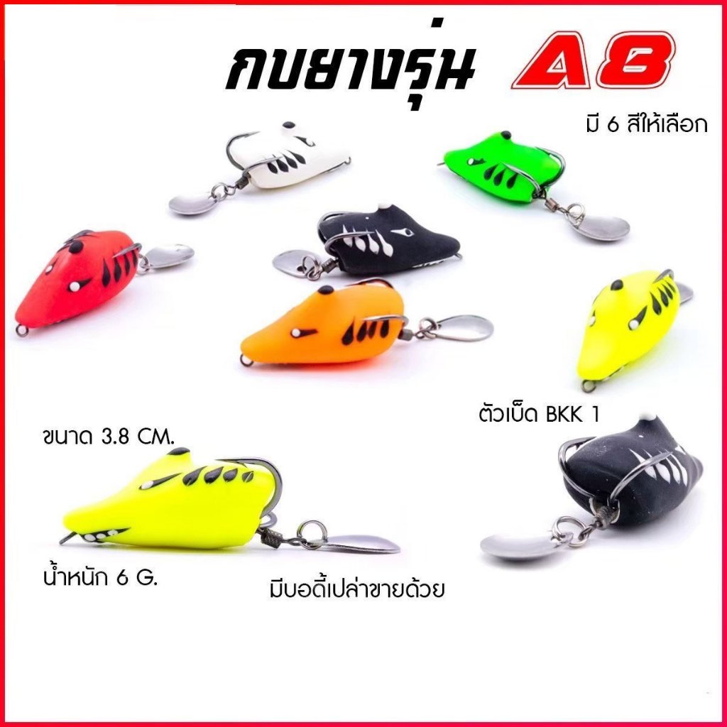 กบยาง รุ่น A8 ขนาด 3.8 cm. หนัก 7 กรัม เบ็ด SNS เบอร์ 1/O ใบหลิวเดี่ยว กบยางสีสันสดใส Sports ออกกำลังกาย