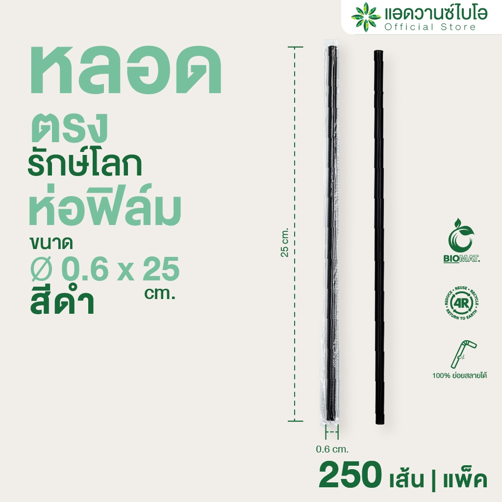 AdvanceBIO : หลอดพลาสติกย่อยสลาย สีดำ-ตรง ห่อฟิล์ม ขนาด Ø0.6 x ยาว 25 ซม. 250 ชิ้น/แพ็ค รุ่น 3019