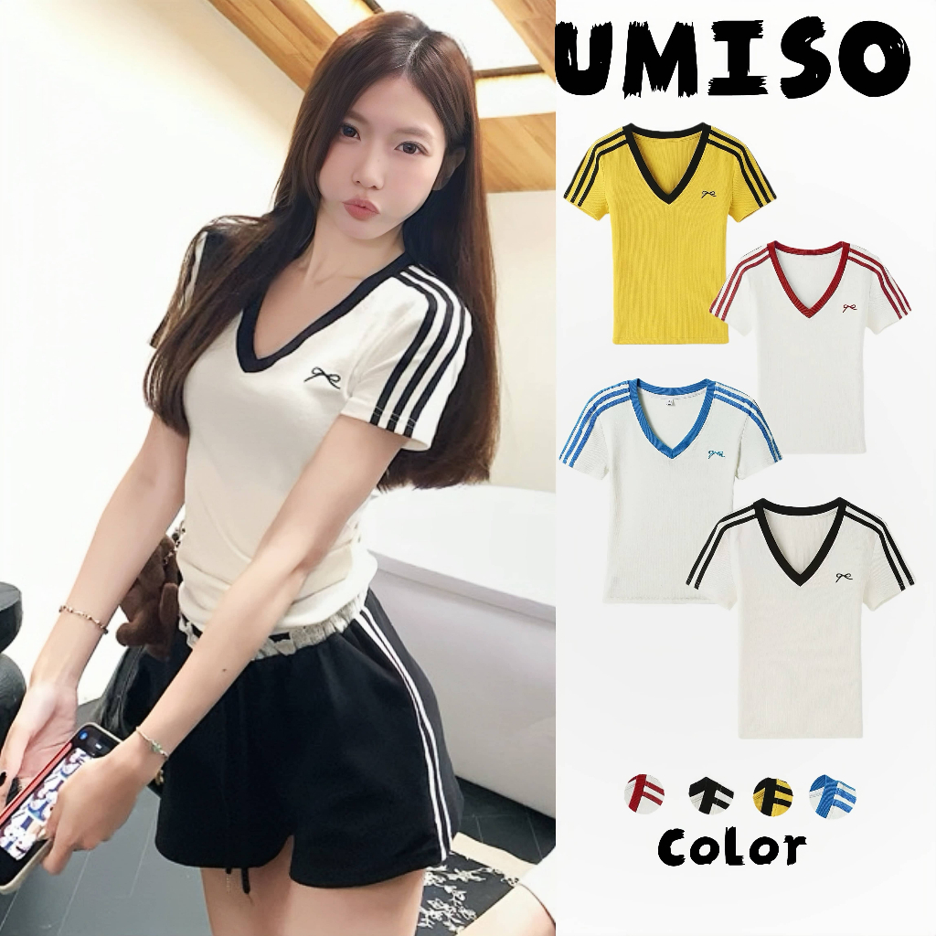 UMISO 100%Cotton เสื้อยืดผู้หญิ  ปักโบว์ใหญ่  รงเข้ารูป เเบบลำลอง เข้ากับทุกสไตล์ นิ่มใส่สบาย