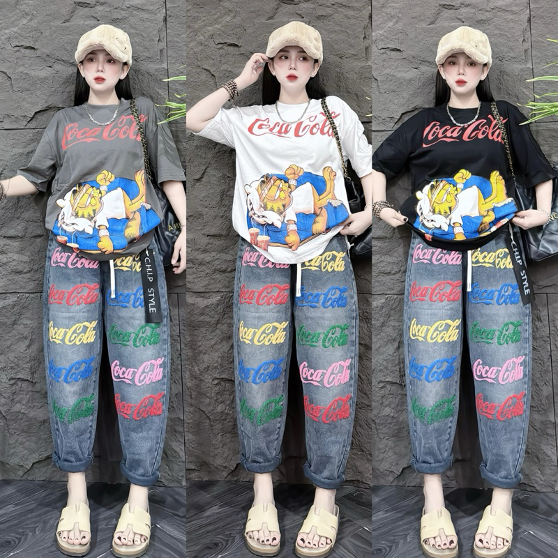 Set 2ชิ้น เสื้อยืดแขนสั้น กาฟิว (กางเกงผ้ายีนส์เทียม)