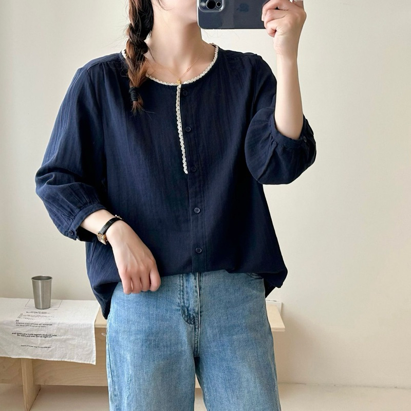 เสื้อลำลองสไตล์ญี่ปุ่น ผ้าสาลู เสื้อสุภาพ แขนศอก 42-44“ แต่งขอบโครเชต์ สีขาว สีกรม HerbieStyle