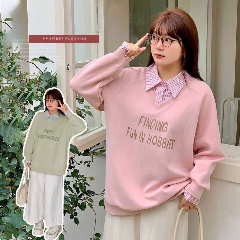 [ 🔥อกถึง 58" ] : PMP2408 : พรีออเดอร์ เสื้อสเวตเตอร์ไซส์ใหญ่ตัดต่อเสื้อเชิ้ตลายทางคล้ายเซตสองชิ้น