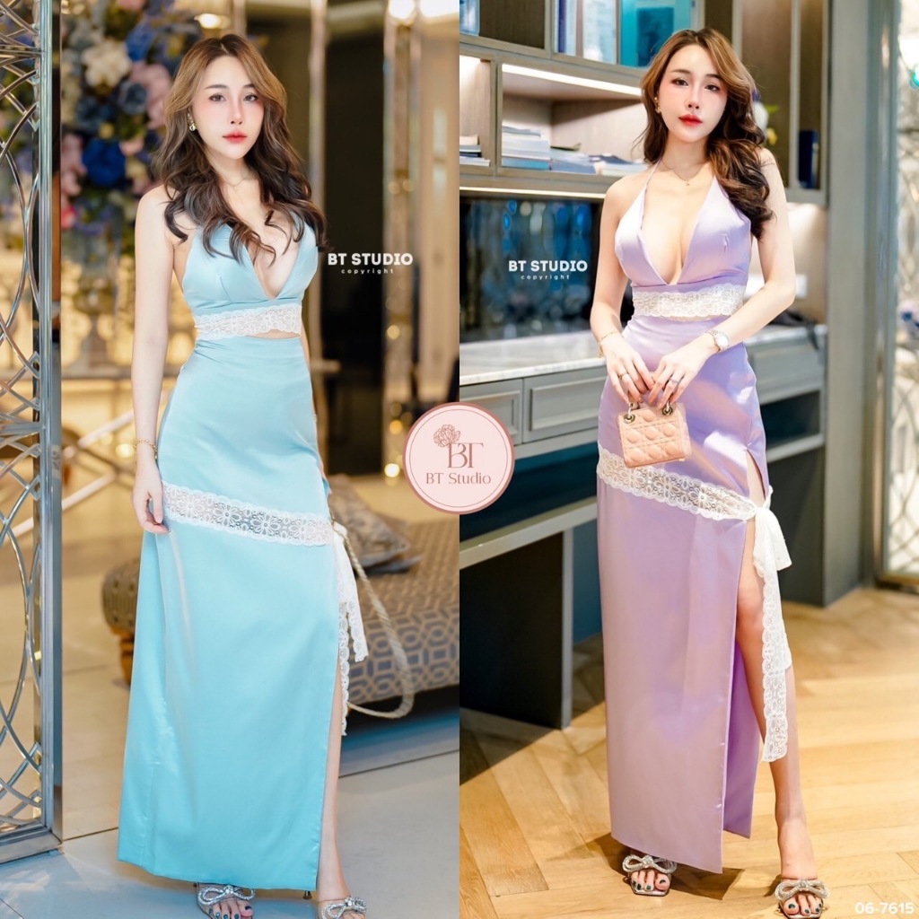 BT03-7615 งานลดราคา เคลียร์สต็อก ราคาพิเศษ  เซท 2 ชิ้น เสื้อครอปสั้นผูกคอ แทบชายเสื้อแต่งลูกไม้ขาวปล