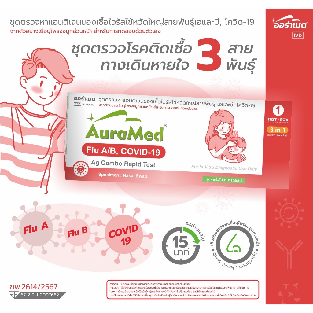 ชุดตรวจไข้หวัด 3 สายพันธุ์ Auramed  FluA+B,COVID-19 Ag  Rapid Test