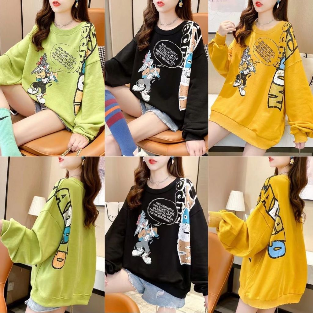 เสื้อแขนยาวสเวตเตอร์ Oversize คอกลม สกีลลายกระต่ายแร็บบิท ผ้าคอตตอน สินค้าพร้อมส่ง  B38