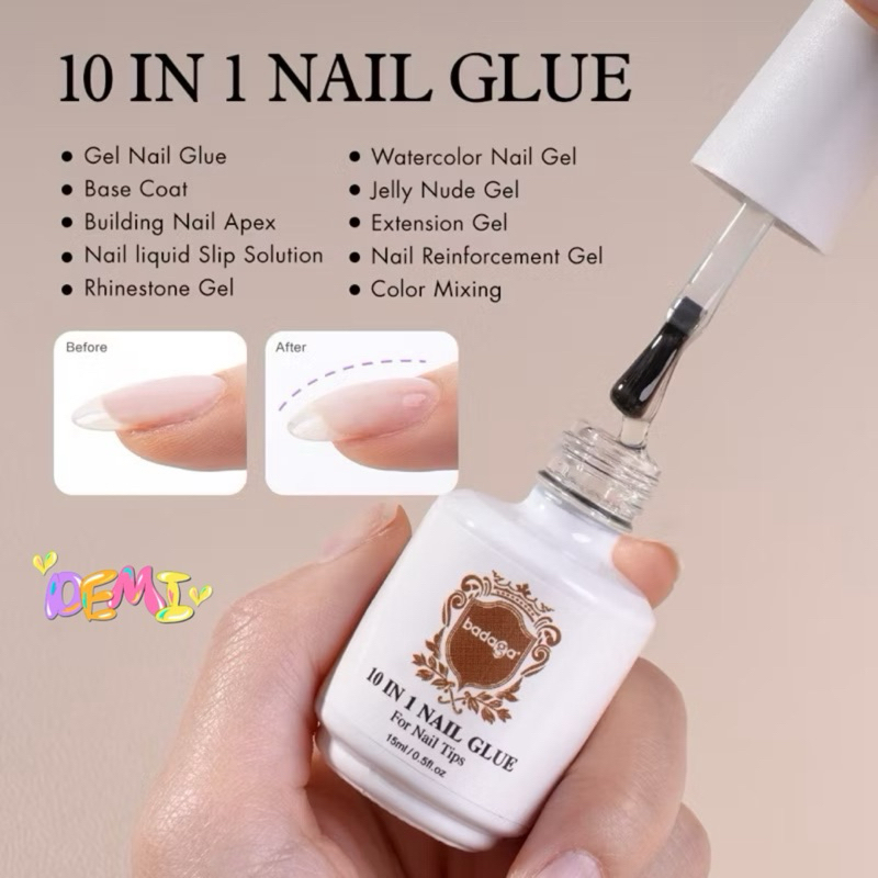 Badaga กาวเจลบาดาก้า 10 in1 Nail glue ใช้ทาเป็นเบสรองพื้นเป็นกาวต่อpvcขวดเดียวจบรักษาได้ทุกเคส