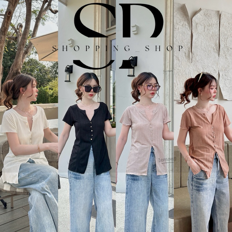 GLORY V Top เสื้อแขนสั้น ดีเทลกระดุมสีโรสโกลด ออร่า