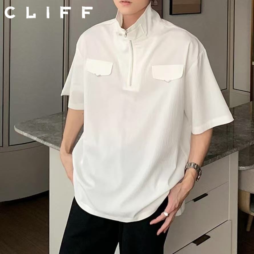 CLIFF แขนสั้นผู้ชาย สีล้วน ซิปครึ่ง เรียบง่ายแมทช์ง่าย สิ่งจำเป็นสำหรับผู้ชายอินเทรนด์