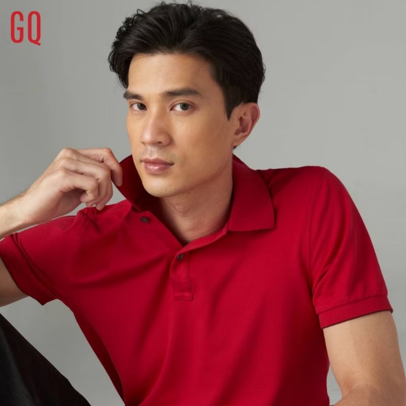 GQ เสื้อคอปก แขนสั้น สีแดงไวน์ อก 43-44 นิ้ว เสื้อผ้าผู้ชาย มือสอง