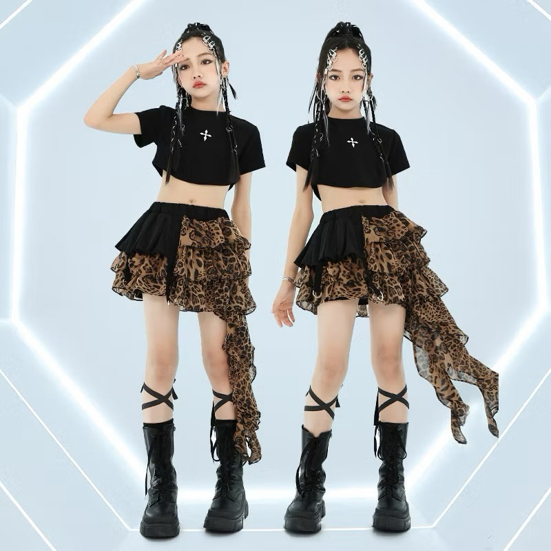 🔥พร้อมส่งในไทย🔥 ชุดนักเต้นฮิปฮอป / ชุดเต้นแจ๊สฮิปฮอป / ชุดฮิปปี้เด็ก กระโปรงแมงกระพรุน กระโปรงลายเสือ