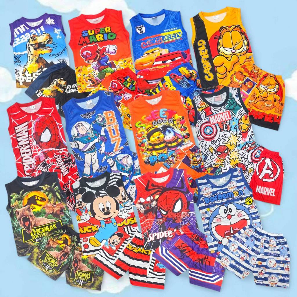 ชุดเด็กผู้ชาย ผ้าไมโคร ลายการ์ตูนฮีโร่ เสื้อแขนกุด กางเกงขาสั้น สำหรับเด็ก 1-5 ขวบ MIC0008