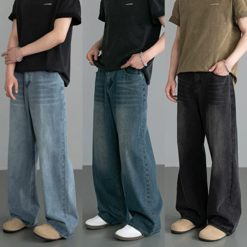 แฟชั่นกางเกงยีนส์ผู้ชาย ขากระบอกใหญ่ ทรงตรง ทรงหลวม สไตล์อเมริกันวินเทจ สําหรับผู้ชาย สุดฮิตแฟชั่น