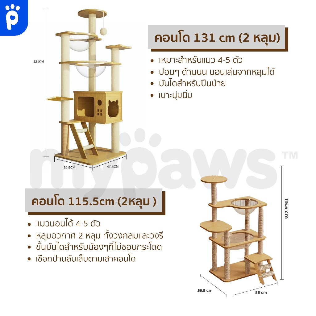 My Paws คอนโดแมว 2 หลุม แบบไม้ พร้อมโดมนอนแบบใส บันไดและกล่องนอน เสาลับเล็บทั้งต้น - รูปที่ 5