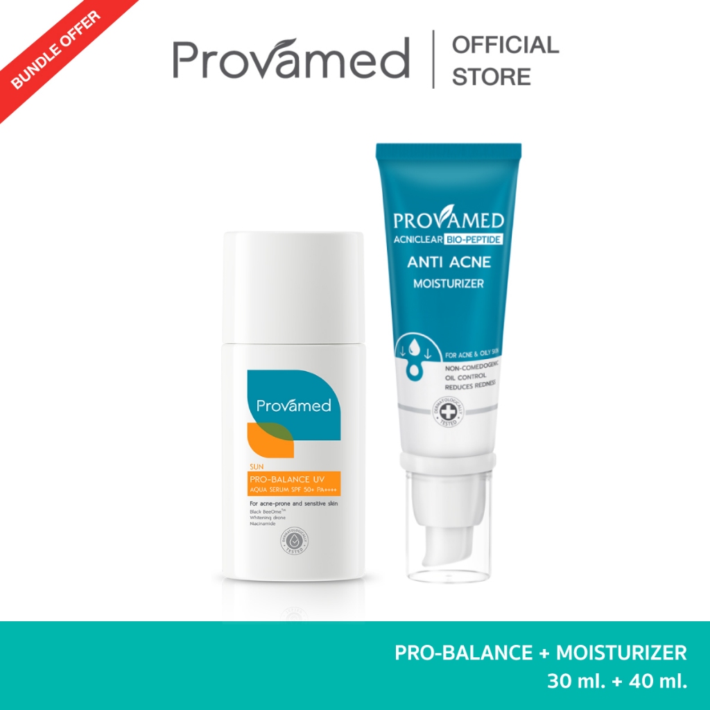 Set : New Provamed Pro-balance UV Aqua Serum SPF50+ PA++++ 40 ML & Provamed Acniclear Bio-Peptide Anti Acne Moisturizer