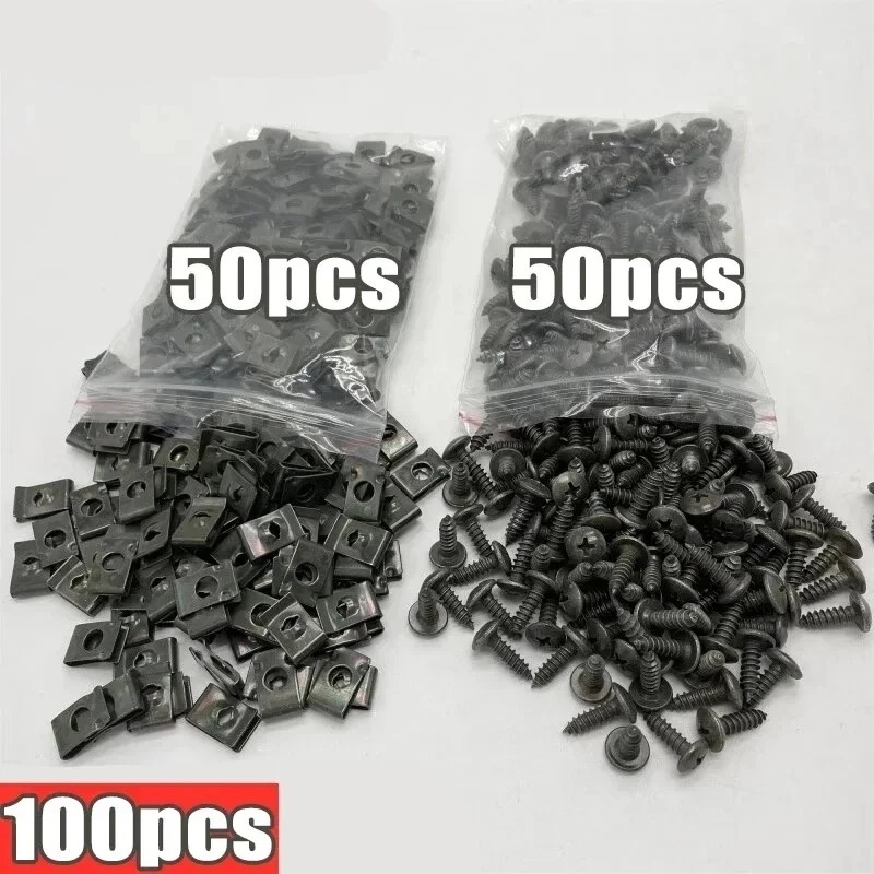 40/100pcs สกรูโลหะรูปรถจักรยานยนต์ คลิปโลหะรูปตัวยู ชุดสกรู กันชนรถ สกรูหัวเข็มขัด สกรูคลิปป้องกันสนิม