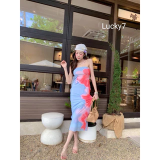 BY IRa (23007) Tulle dress code เดรสเกาะอกใส่ไปทะเล ผ้า mesh ปริ้นลายคมชัด สวยเซ็กซี่ขยี้ใจ