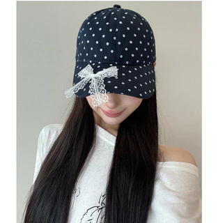 🎀( 6 สี )หมวกเบสบอลลายจุดโบว์ลูกไม้สไตล์เกาหลี🎀 หมวกเบสบอลป้องกันแสงแดดแบบใหม่ รอบศีรษะขนาดใหญ่