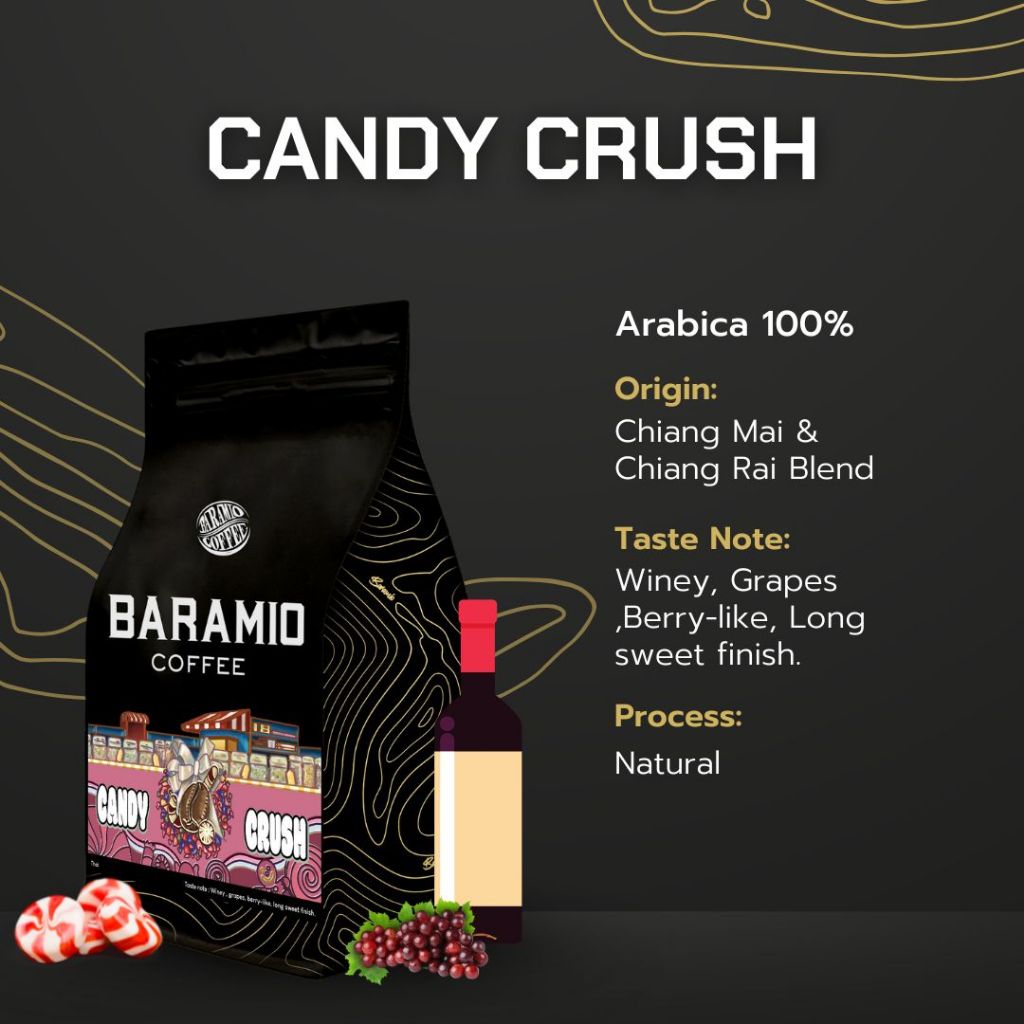 Baramio เมล็ดกาแฟคั่วรุ่น Candy Crush 200g.-1Kg. (Arabica100%) Tasting Notes: Winey,Grape, Berry-like,  อ่อนค่อนกลาง