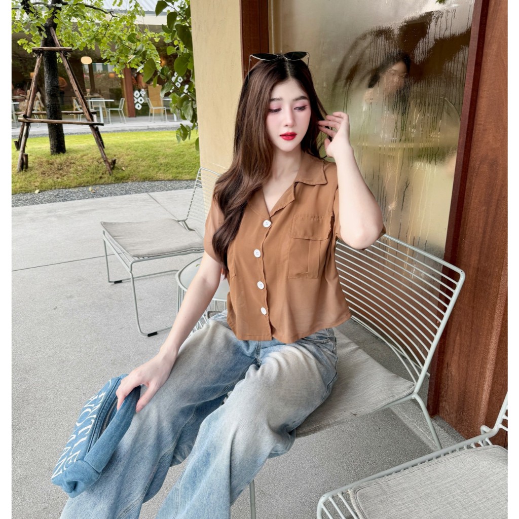 พร้อมส่ง เสื้อเชิ้ตแขนพับ กระเป๋าคู่ ผ้าซีฟอง กระดุมหน้า ใส่สบาย ผู้หญิง คาเฟ่ A6618 - รูปที่ 6