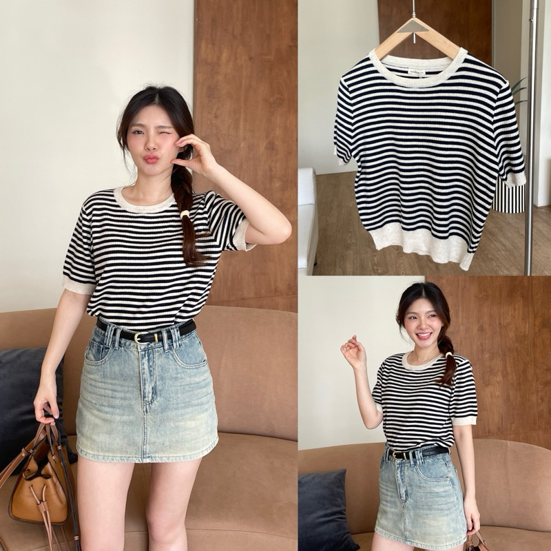 Classy Knit Top(G07)เสื้อไหมพรมแขนสั้นลายขวาง🍪🪵🍂