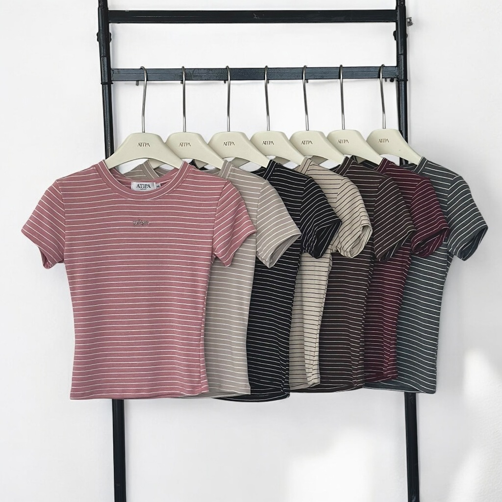 Atipashop - STRIPE SOCIETY TOP เสื้อยืด แขนสั้น คอกลม ลายทาง