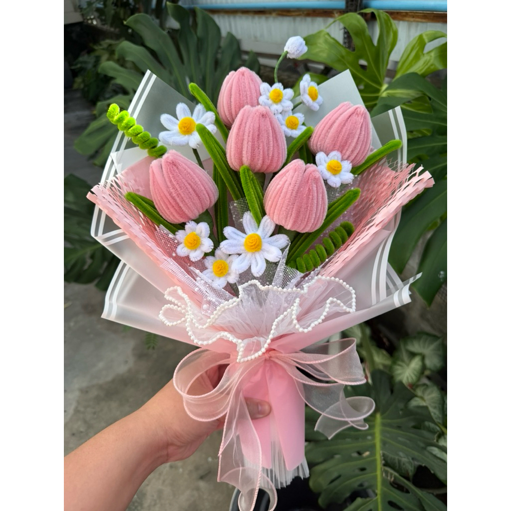 ช่อดอกไม้ลวดกำมะหยี่ ดอกทิวลิป 5 ดอก (จัดทำ1-2วัน)
