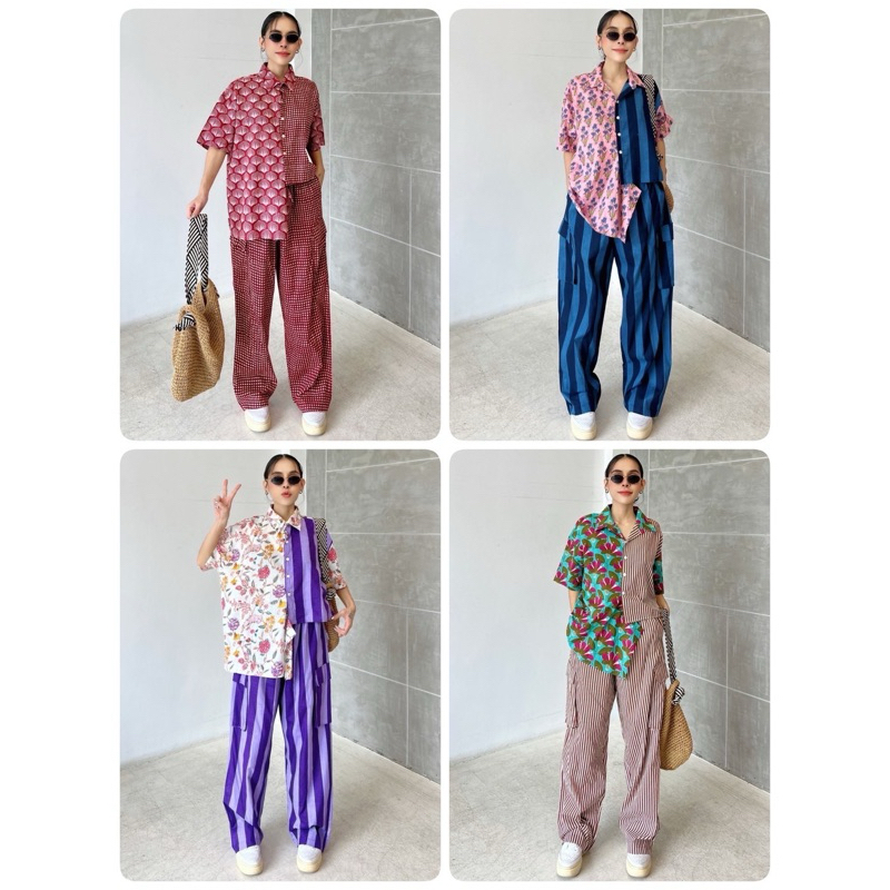 ISSARA (IC25-SET329-1) ชุดเซ็ทผ้าคอตตอนอินเดีย เสื้อเชิ้ตคอปก+กางเกงเอวสม็อค /อก50นิ้ว/ผู้ใหญ่/