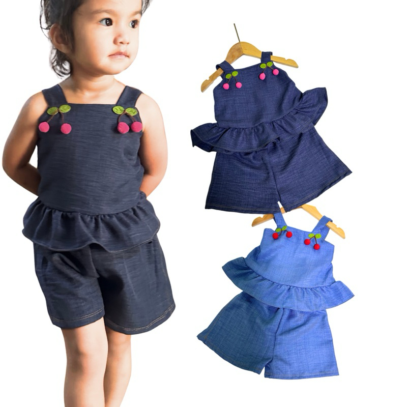 ชุดสายเดี่ยวเด็กผู้หญิง ชุดเด็กสียีนส์ สายเดี่ยวกางเกงขาสั้น ชุดเซทสำหรับเด็ก 1-4ขวบ