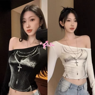 Rita พร้อมส่ง🎀เปิดไหล่ เสื้อยืดผู้หญิง แขนยาว สไตล์คาวาอี้ สไตล์เกาหลี น่ารักๆ สุดเซ็กซี่🔥จับแมทซ์ได้ง่าย ผ้านิ