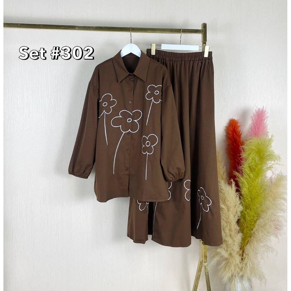 ✨️ Set 302 ชุดเซ็ท แขนยาว กระโปรงยาว ลายดอก ลาดชัด คอปกแต่งกระดุม ปลายแขนยางยืด