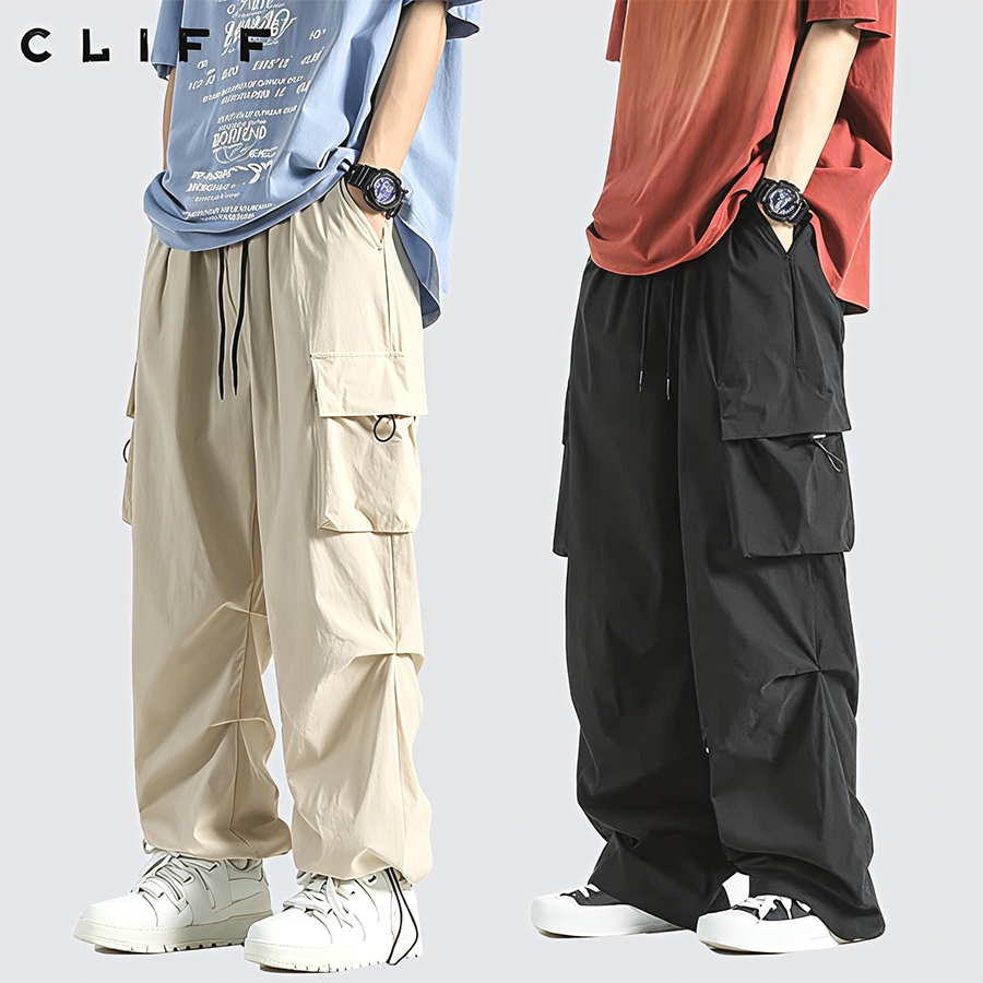 CLIFF กางเกงขายาวผู้ชาย กางเกงทำงาน สไตล์อเมริกันวินเทจ การออกแบบหลายกระเป๋า เอวยางยืด แบบบางหลวม
