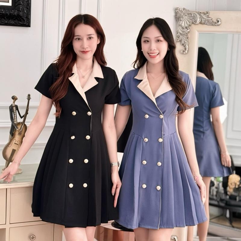 D490 (ยาว 35-36 นิ้ว)  Dress Suit เดรสสูท แขนสั้นผ้าบาบี้เป้เป้ เกรดเนื้อหนัก S-XL ชุดเดรสทำงาน ชุดเ