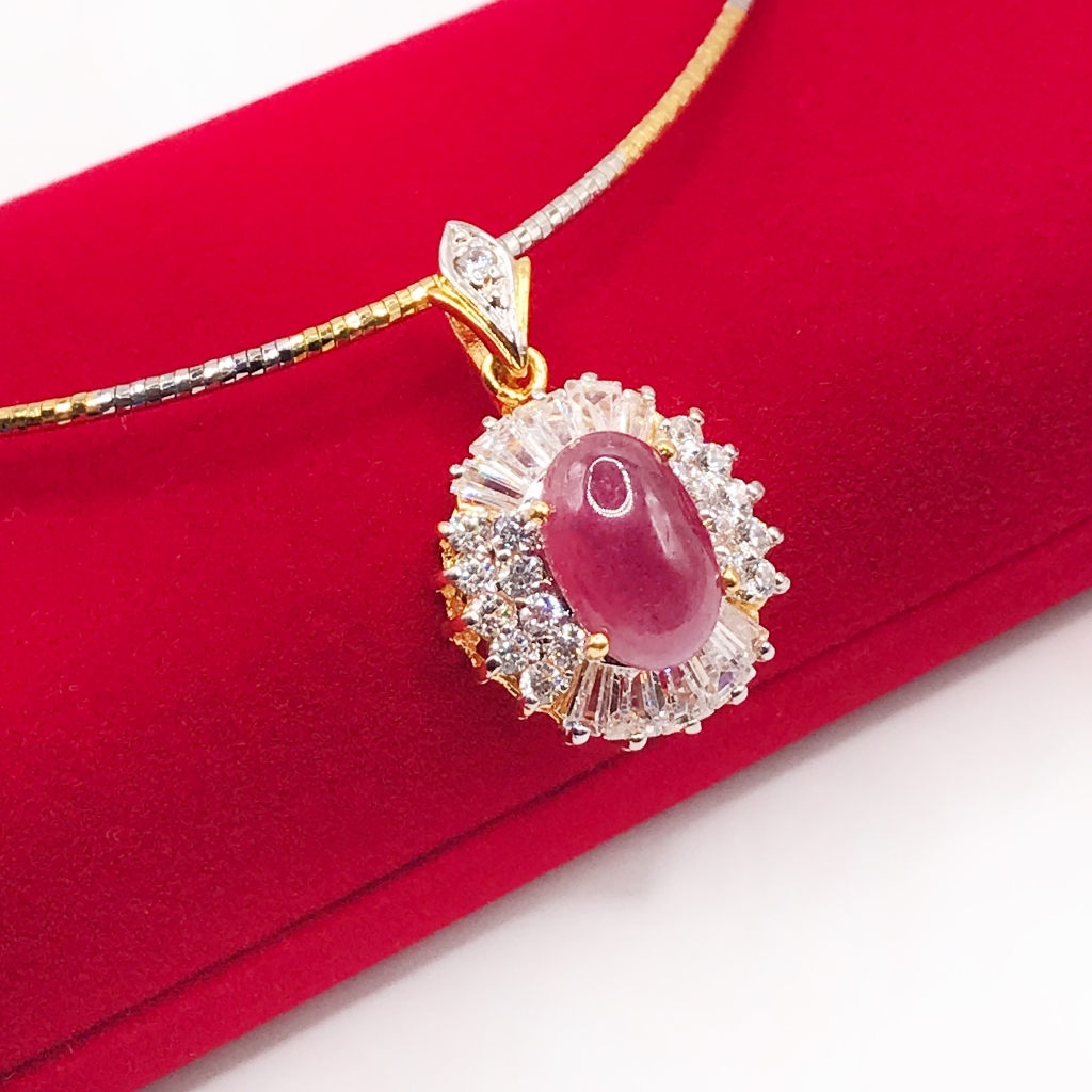 จี้ทับทิมแท้ ล้อมเพชรcz พร้อมสร้อย (J112) พลอยแท้(สวย) ตัวเรือนทองไมครอน 5 ไมครอน น้ำหนัก4.24 g.