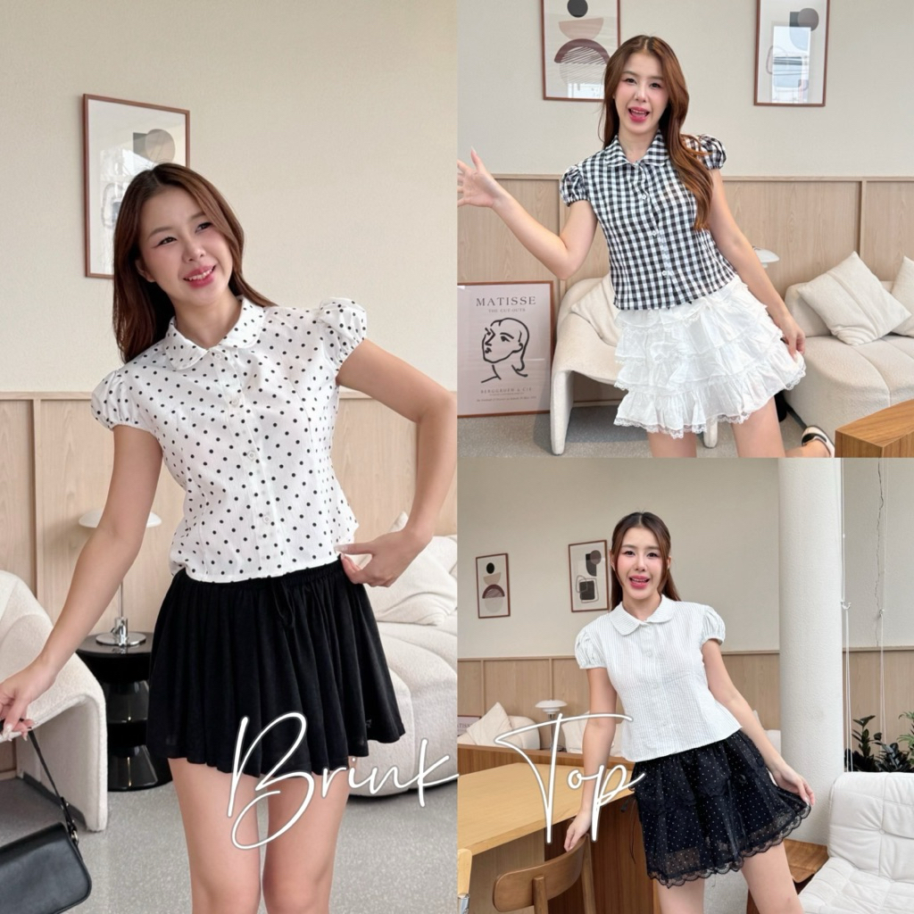 Wendystore182(Brink Top)เสื้อคอปกแขนตุ๊กตา กระดุมดอกไม้