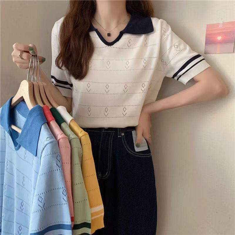 *😍Miki-Shop💕*พร้อมส่งเสื้อคอปก ไหมพรม เสื้อครอปคอปกA369*