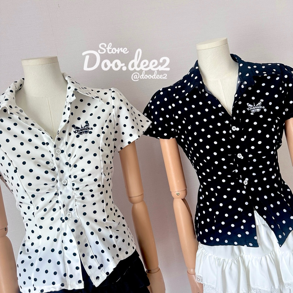 ♦️DOODEE2♦️เสื้อเชิ้ตคอปกลายจุด แขนตั้งย่นกลางอก