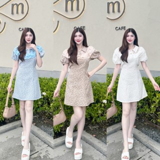 เดรสแขนตุ๊กตาคอปกกระดุมมุกแต่งระบายอกพร้อมสายผูก (K107,K108 …