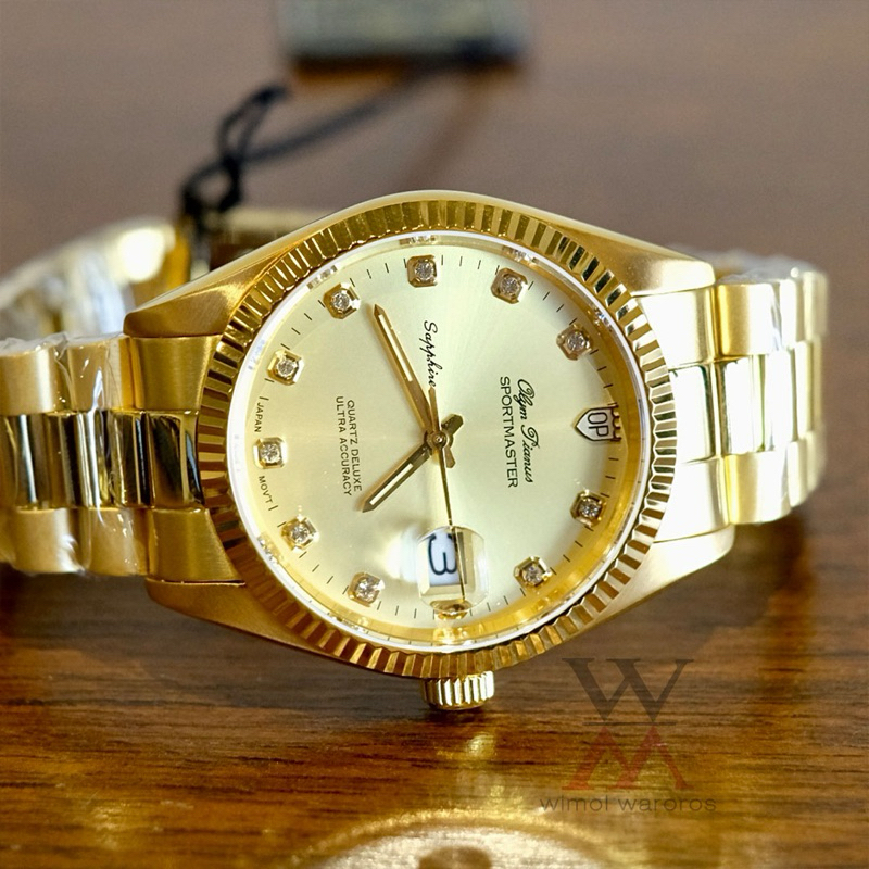 นาฬิกา OP (Olym Pianus) รุ่น 89322G-658 SPORTMASTER Sapphire Quartz 42mm. (เรือนทอง-หน้าทองพลอยขาว)