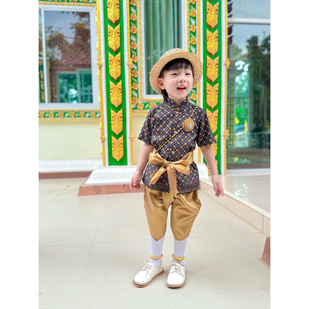 ชุดไทยเด็กชาย3ชิ้น เสื้อพิมพ์ลาย+โจงเอวสม็อคไหมเทียม+ผ้าคาดเอวไหมเทียม สีไม่ตก ใส่ไม่คัน กทม.เรียกแมสได้จันทร์-ศุกร์