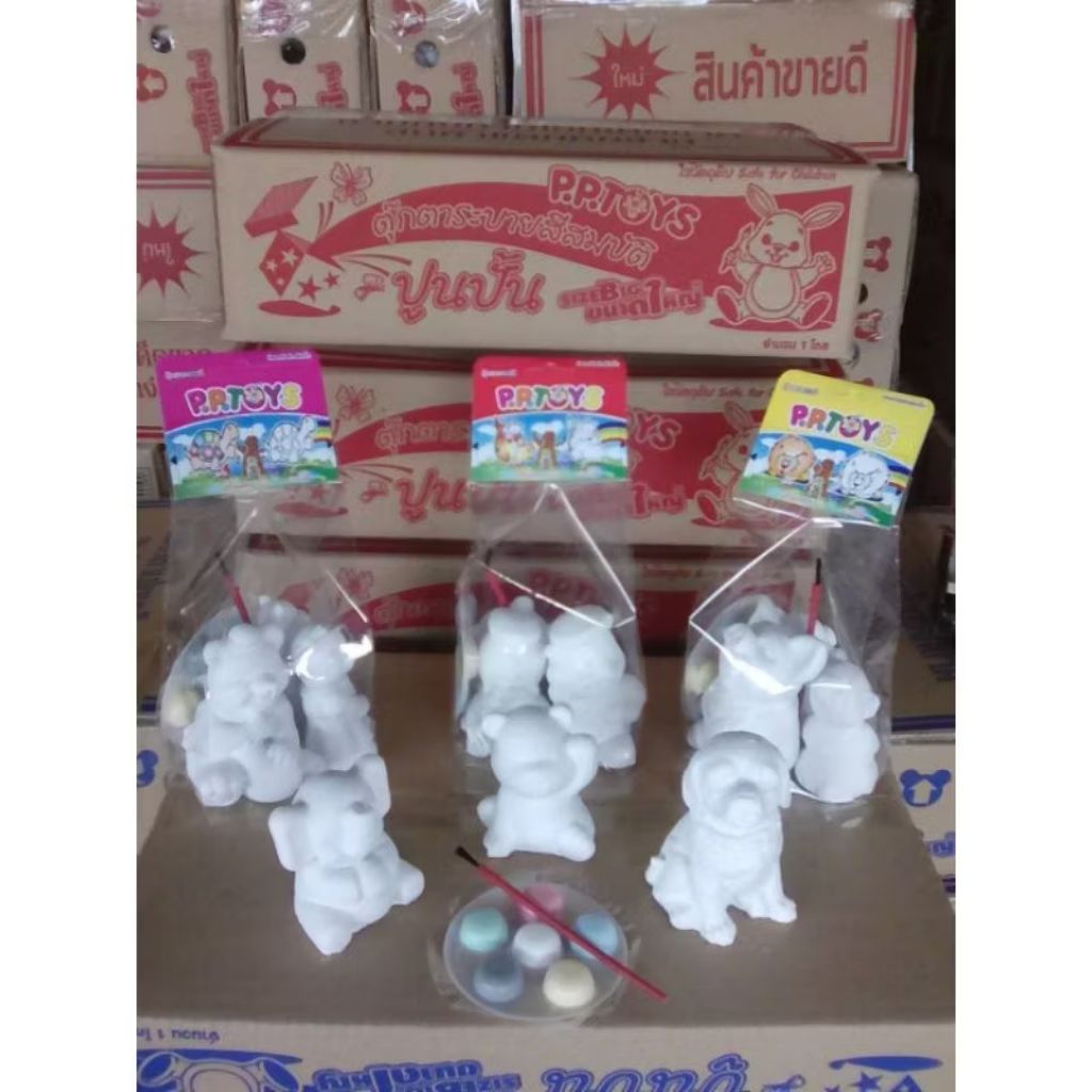 #ยกลัง 36 ตัว#ตุ๊กตาระบายสีปูนปลาสเตอร์คละแบบพร้อมพู่กัน12 ชิ้นและสี12 ถาด