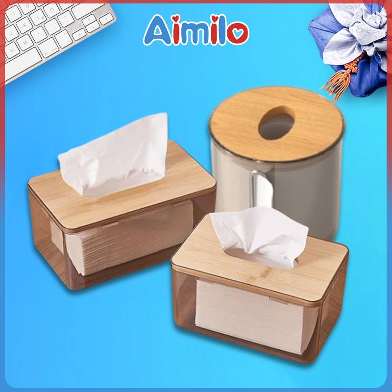 Aimilo กล่องใส่ทิชชูพลาสติกใส ฝาไม้ กล่องใส่ทิชชู่มินิมอล กล่องสำหรับใส่ทิชชู่ รุ่นใส ฝาไม้มินิมอล