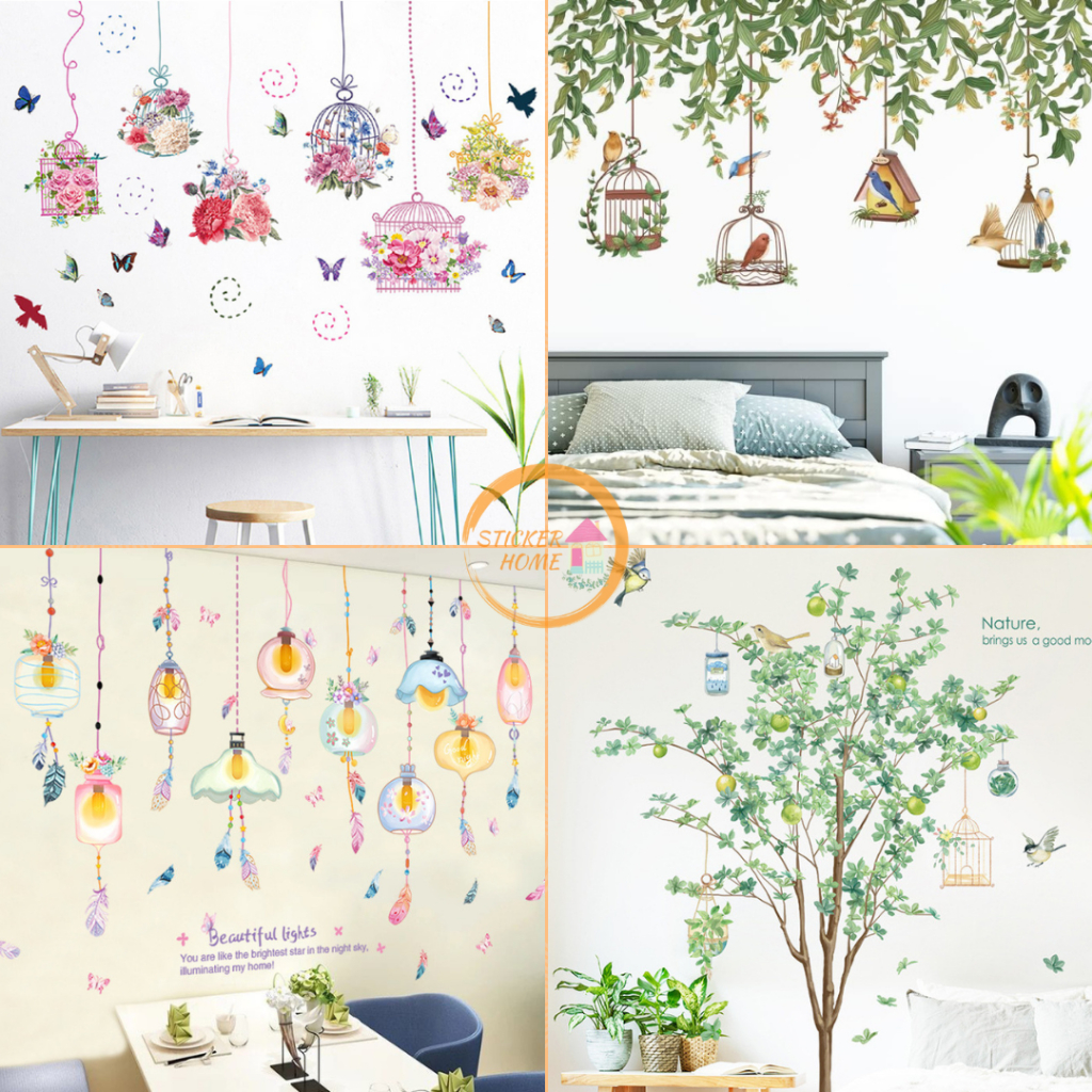 Sticker Home สติ๊กเกอร์ติดผนัง สติกเกอร์ติดกระจก กรงนก ลายดอกไม้ สติ๊กเกอร์ต้นไม้ แต่งบ้าน ส่งจากไทย
