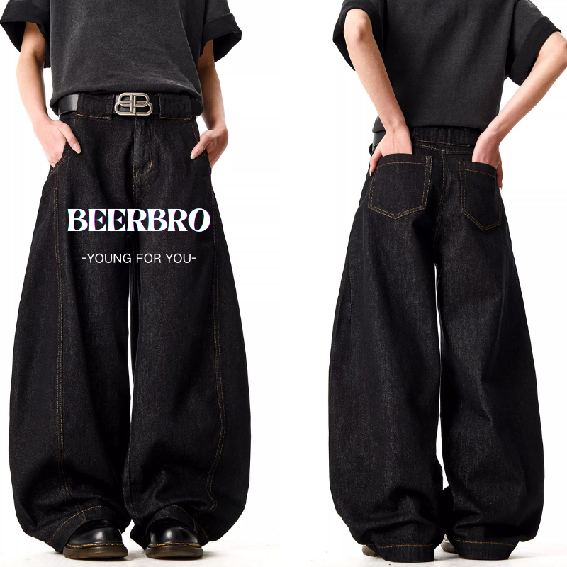 beerbroth-กางเกงยีนส์ผู้ชาย กระบอกใหญ่ MensDemin ขายาว ย้อนยุค baggy jeans สไตล์เกาหลี ทรงหลวม