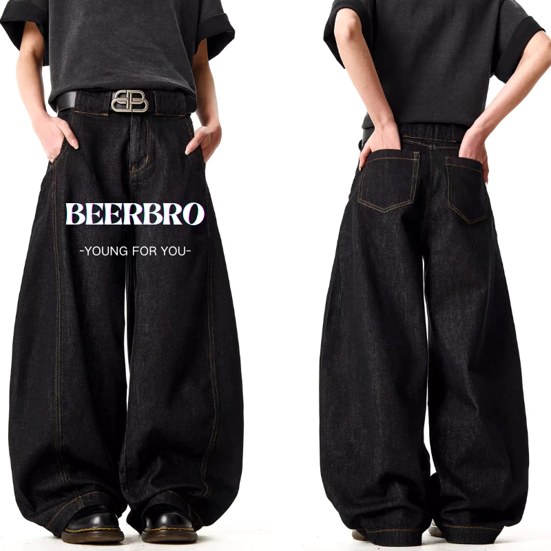 beerbroth-กางเกงยีนส์ผู้ชาย กระบอกใหญ่ MensDemin ขายาว ย้อนยุค baggy jeans สไตล์เกาหลี ทรงหลวม