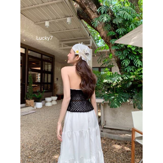 BY IRA 🏝️พร้อมส่ง🏝️ เสื้อกล้ามถักไหมพรม สีพื้น ดีเทลแหวกหน้า เชือกมัดโบว์ด้านหน้า แฟชั่นฤดูร้อน สําหรับผู้หญิง